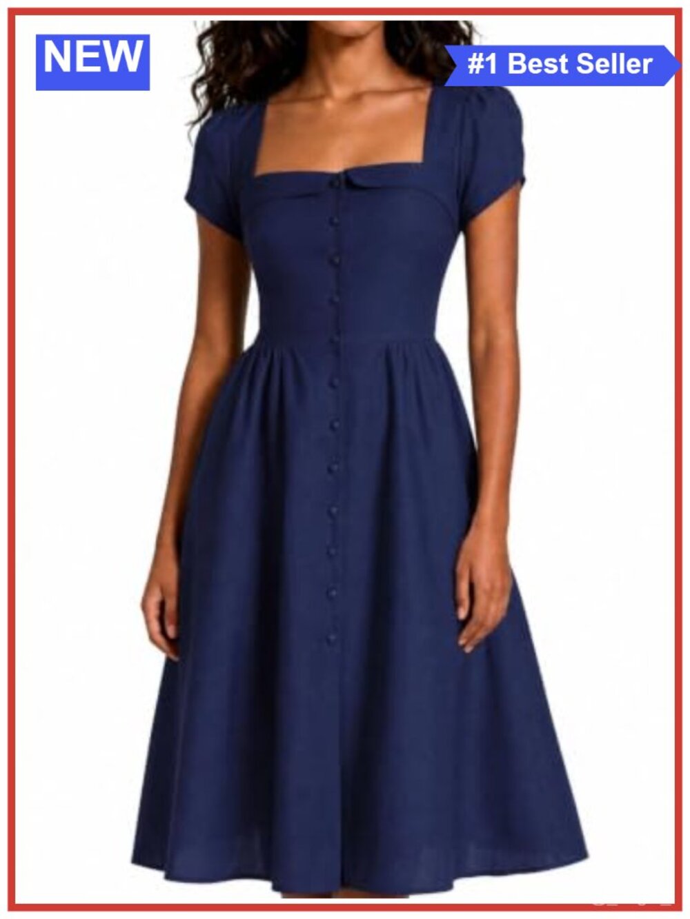 Women's Short Sleeve Square Neck A-Line Midi Dress Cotton Linen Casual